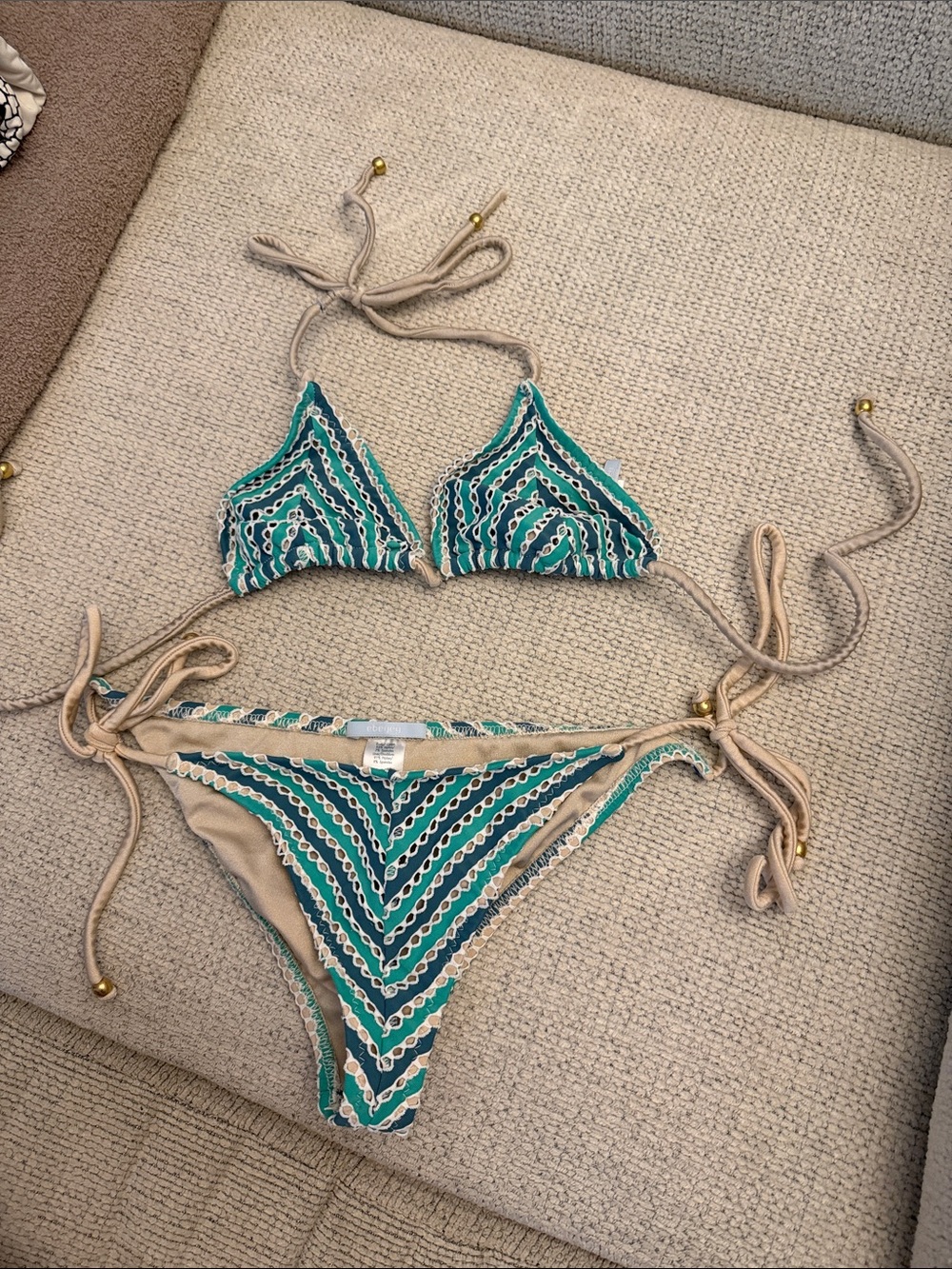 Eberjey Triangle Tie Bikini Set in Teal and Beige